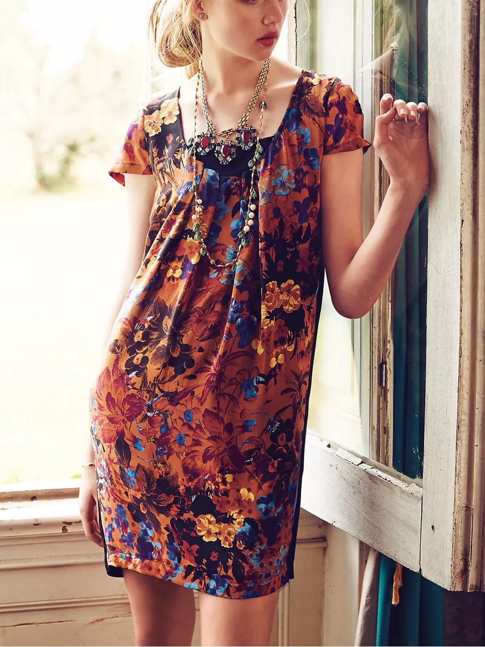 Maeve for Anthropologie Pintura Silk Vibrant Pansy Floral Print Shift Dress XS